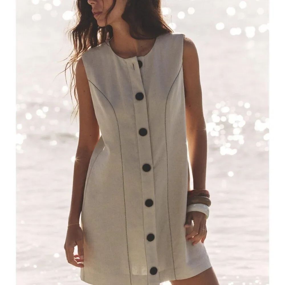 Zara Women Mini Dress Size XL Beige Buttoned Sleeveless Shift Linen 6962/028 NWT